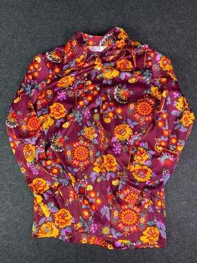 Maverick Vintage 70s Dagger Collar Floral Shirt Size 32 Burgundy